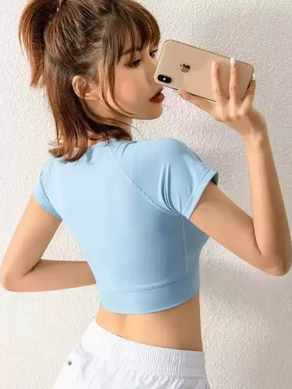 Áo tập yoga ngắn tay, nhanh khô, gợi cảm, hở rốn, áo tập thể thao, áo thun thể thao, chạy bộ, co giãn, ôm sát, nửa tay.