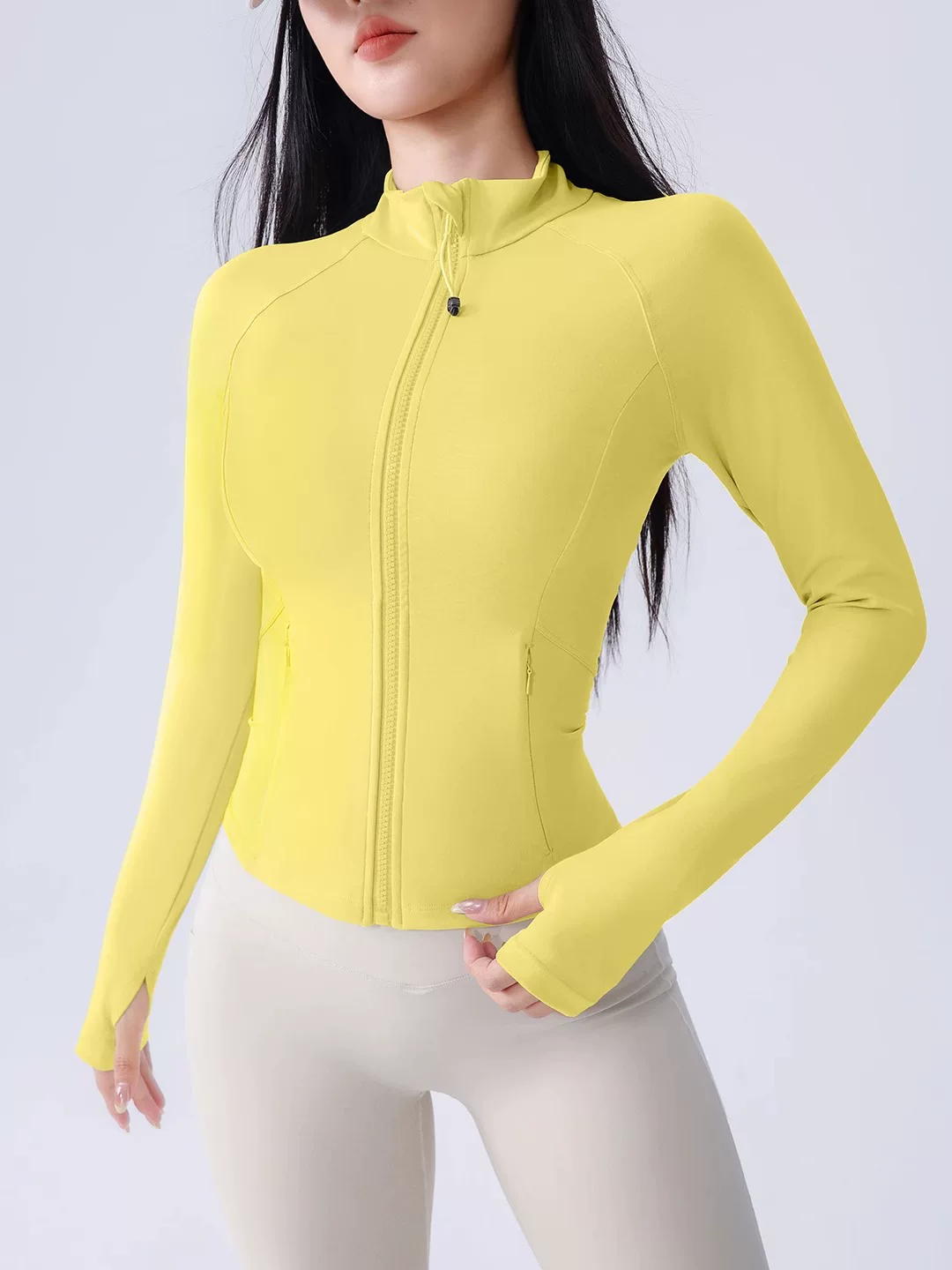 Áo khoác thể thao yoga Jiumai Yipin dành cho nữ, trang phục tập thể dục bó sát, tay dài, chạy bộ mùa thu đông, áo khoác ngoài nhanh khô