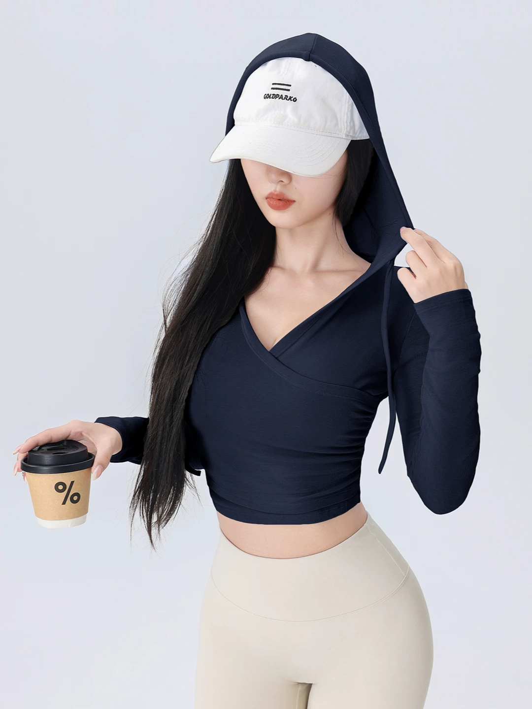 Áo thể thao có mũ trùm đầu phong cách thuần khiết của Jiumai Yipin dành cho nữ, trang phục tập yoga cổ chữ V, trang phục tập thể dục, trang phục tập chạy bộ dài tay mùa thu.