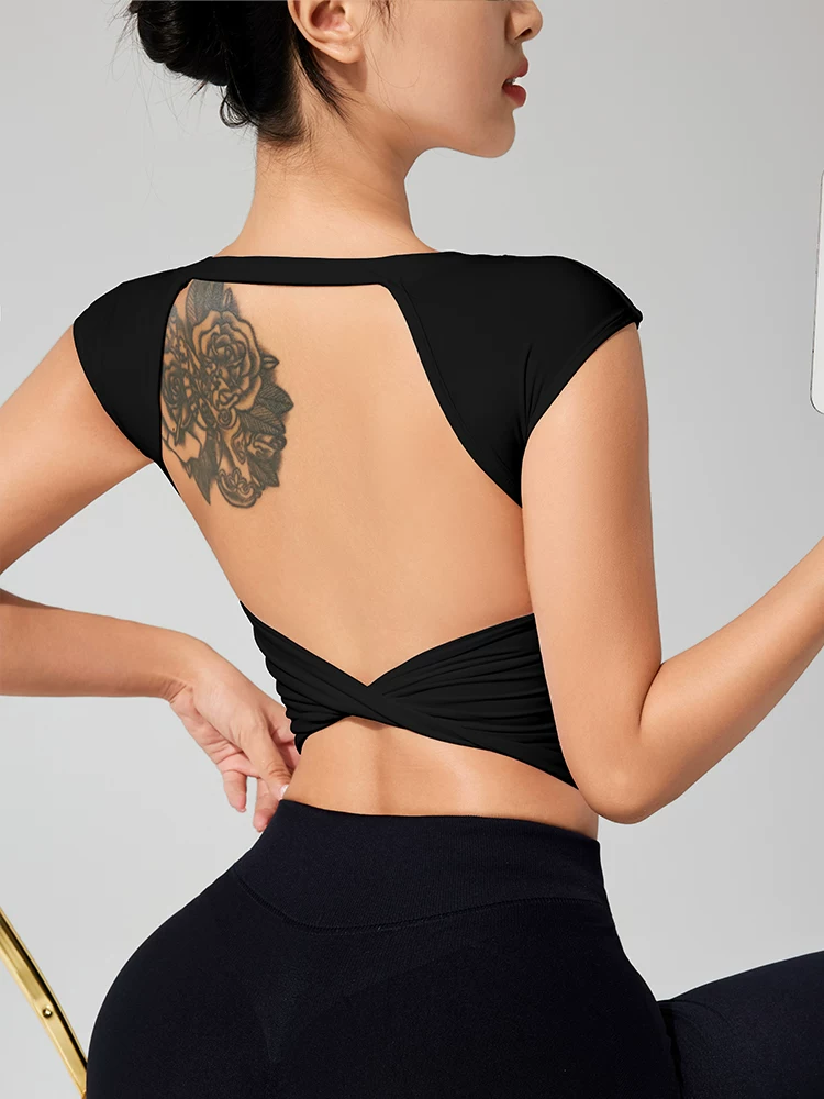 Áo tập yoga gợi cảm không lưng, có đệm ngực tích hợp, áo khoác thể thao tay ngắn ôm sát, áo tập chạy bộ.