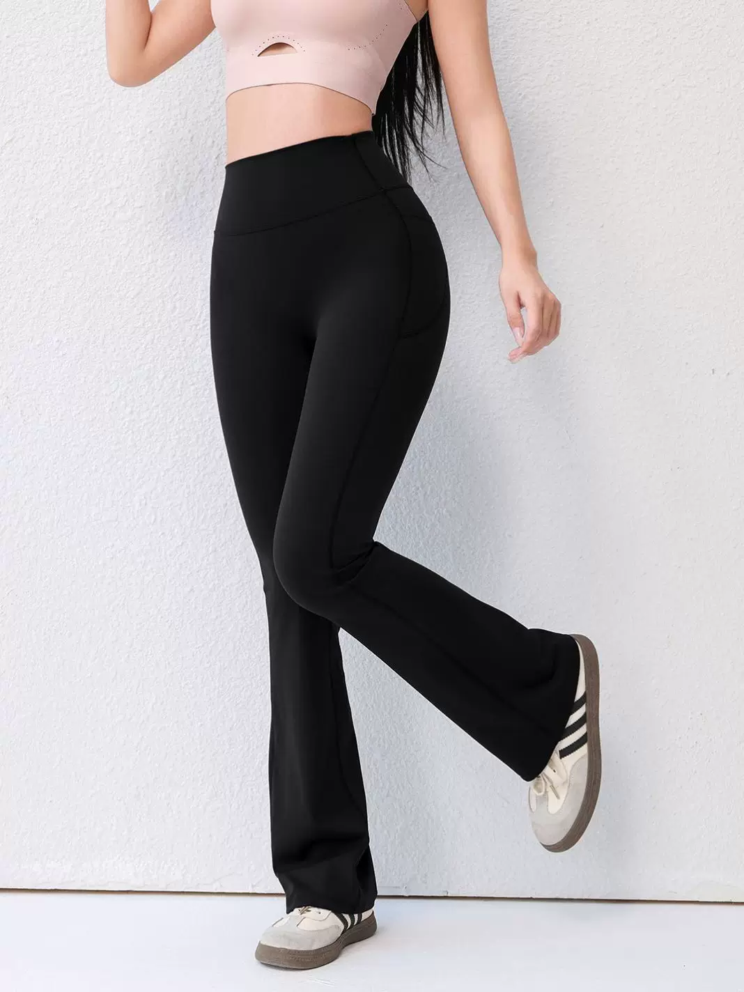 Quần tập yoga ống loe Jiumai Yipin dành cho nữ, cạp cao, nâng mông, quần dài tập thể dục có túi, thoáng khí, quần ống loe bó sát.