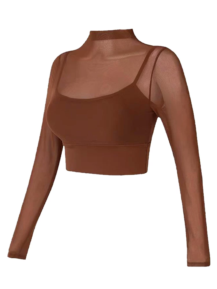 Áo tập yoga kiểu lưới có đệm ngực, áo crop top gợi cảm dành cho nữ, đồ thể thao bó sát tay dài chạy bộ ngoài trời cho mùa thu.