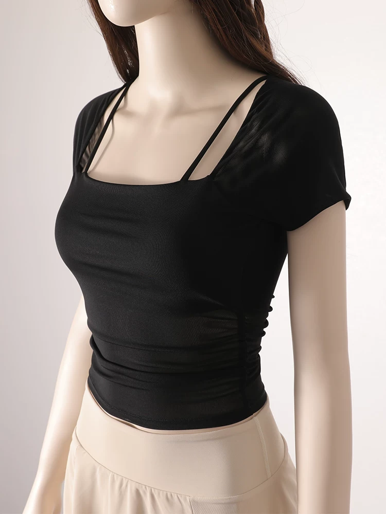 Quần áo tập Pilates thanh lịch cao cấp, quần áo tập yoga cho nữ, mùa hè có đệm ngực, áo thun ngắn tay chống sốc, áo thể thao