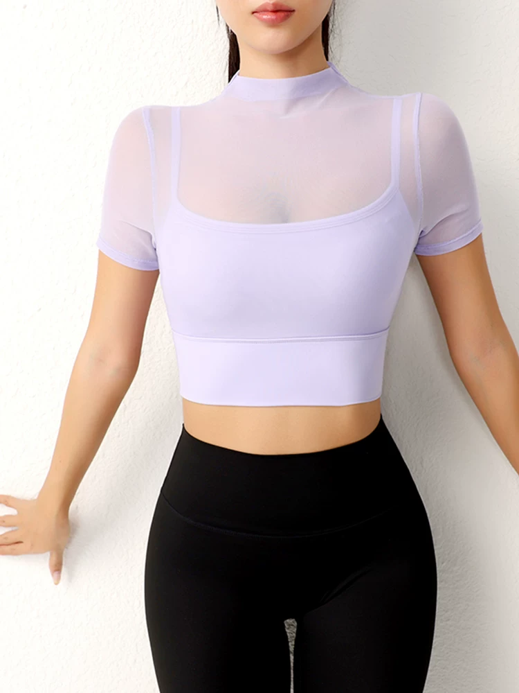 Đồ tập yoga lưới gợi cảm, thiết kế đẹp mắt, áo liền thân ngắn tay dành cho nữ, có mút ngực tích hợp, áo thun thể thao, áo tập gym.