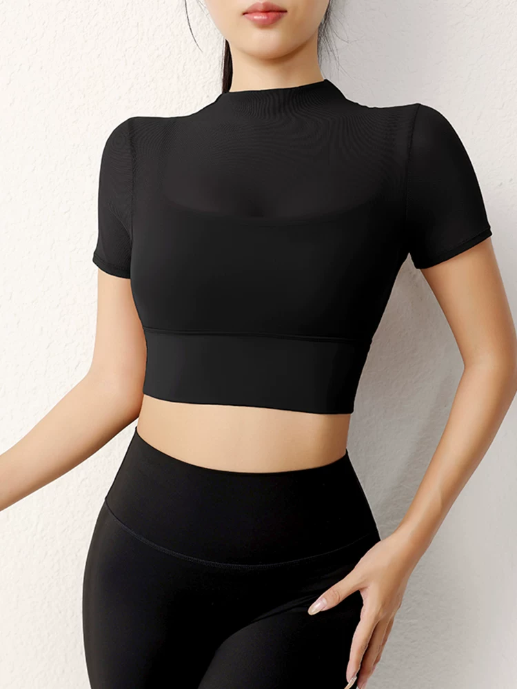 Đồ tập yoga lưới gợi cảm, thiết kế đẹp mắt, áo liền thân ngắn tay dành cho nữ, có mút ngực tích hợp, áo thun thể thao, áo tập gym.