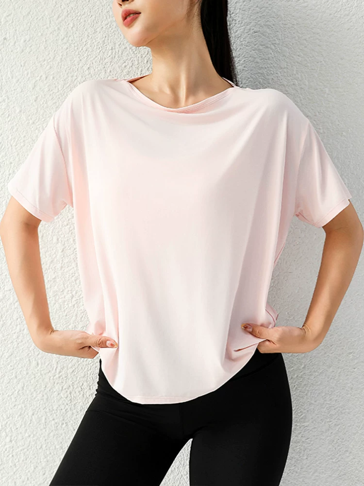 Áo thun thể thao nhanh khô, tay ngắn, mùa hè, dáng rộng, màu trơn, kiểu áo khoác yoga, áo tập gym, cổ tròn, áo kiểu casual