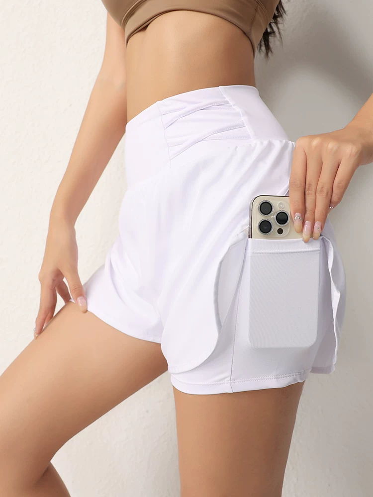 Quần short thể thao giả hai mảnh Jiumai Yipin dành cho nữ, quần tập yoga chạy bộ chống lộ, cạp cao, giản dị, thoáng khí, nhanh khô.