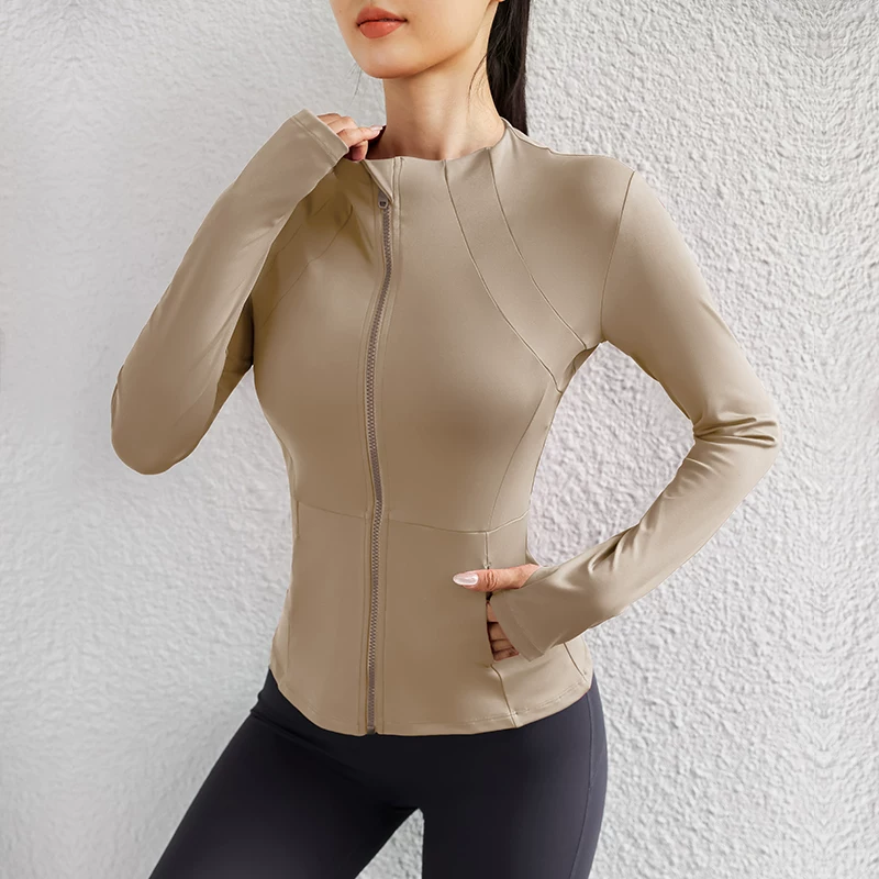 Quần áo thể thao nữ, thiết kế ôm eo, giúp thon gọn, nhanh khô, đồ tập yoga, áo tập chạy dài tay, áo khoác có khóa kéo