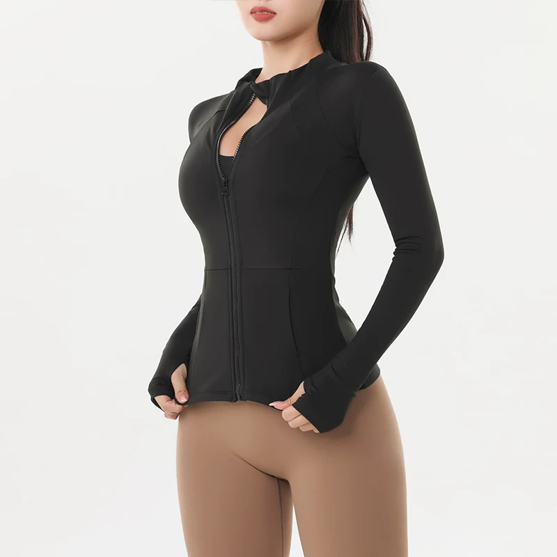 Áo thể thao có khóa kéo mùa thu đông, áo khoác ngoài dài tay ôm sát, trang phục chuyên dụng cho chạy bộ và yoga.