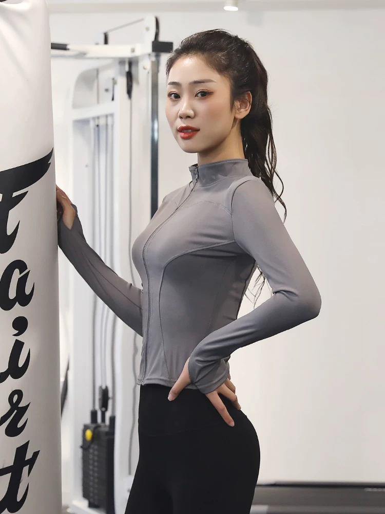 Áo tập thể dục cho nữ, quần áo tập yoga dài tay có khóa kéo co giãn, ôm sát cơ thể, áo khoác thể thao cổ đứng giúp thon gọn vòng eo, nhanh khô