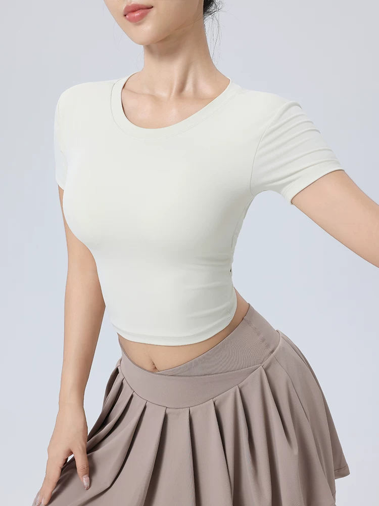 Áo tập thể dục không lưng dành cho nữ có đệm ngực cố định, áo tập Pilates tôn dáng lưng, áo thun thể thao khiêu vũ tay ngắn, trang phục tập yoga.