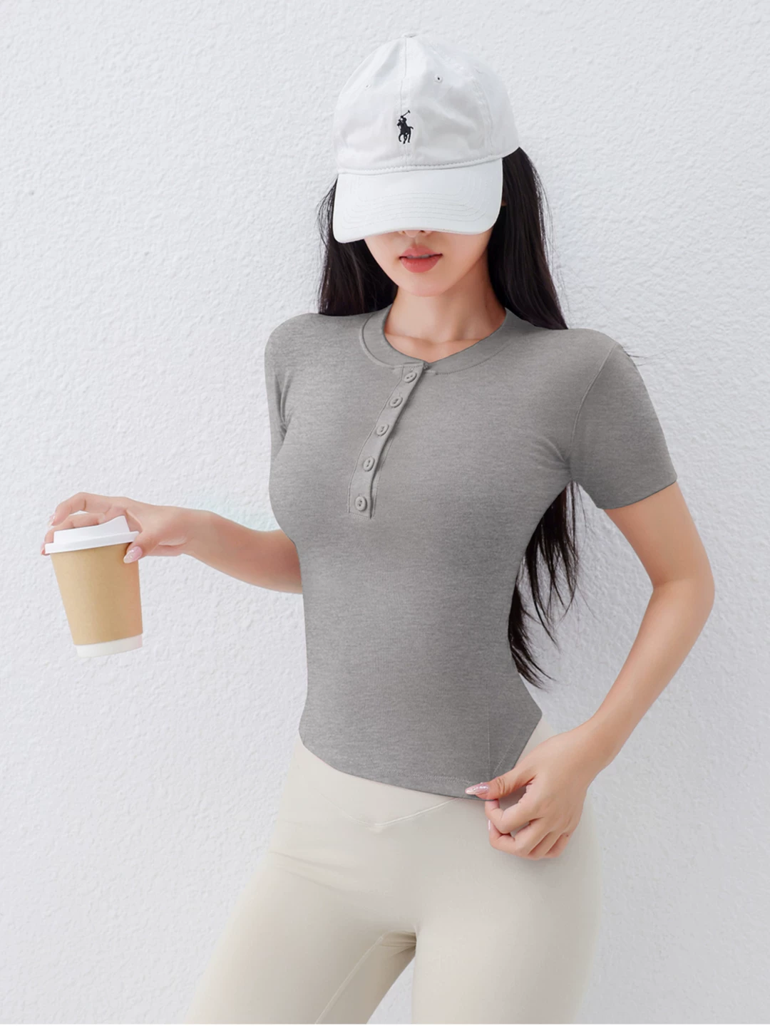 Quần áo tập thể dục cho nữ, áo thể thao ôm sát, áo thun yoga có gân, quần áo tập Pilates tay ngắn có cúc cho mùa hè