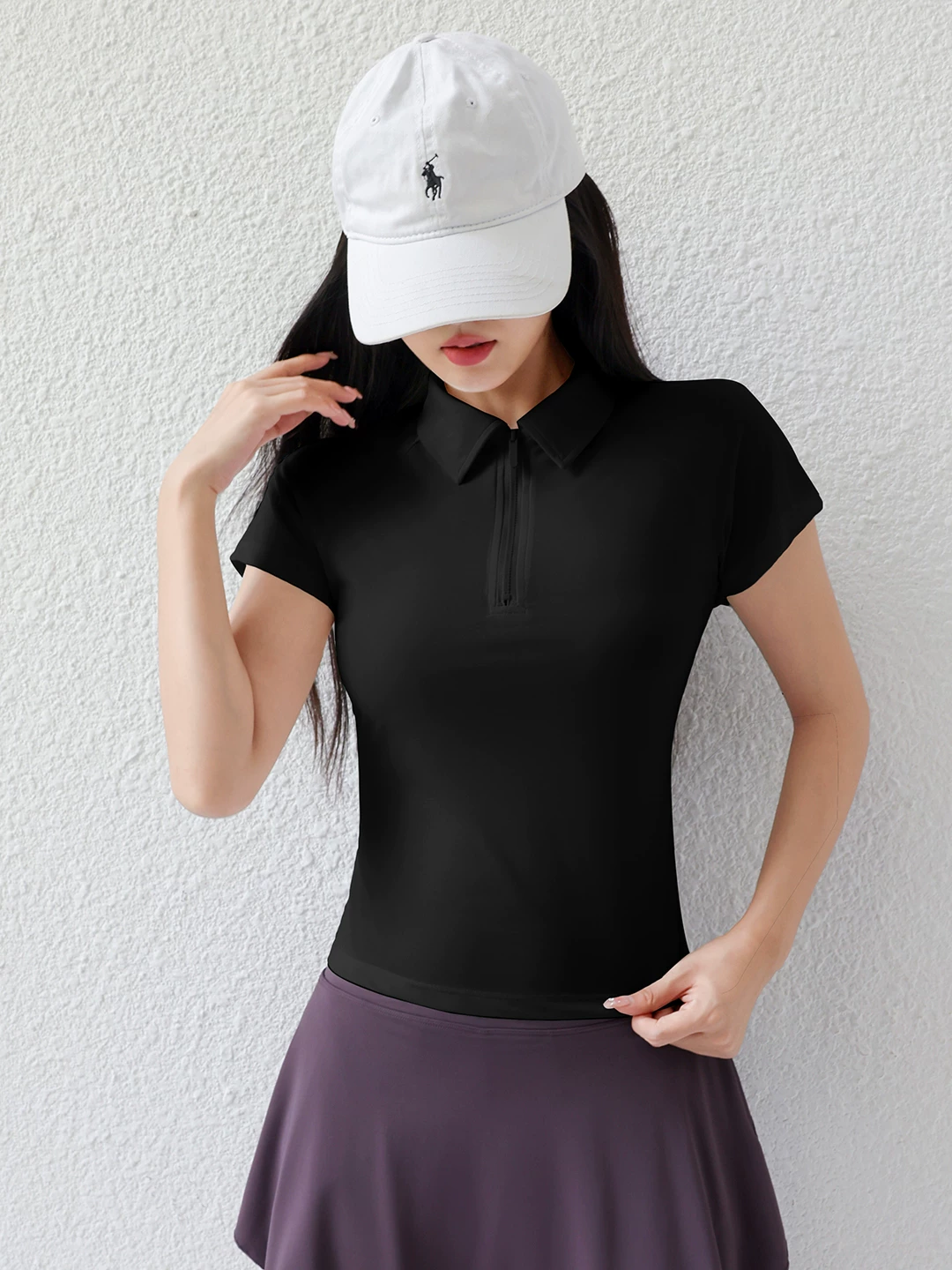 Áo thun thể thao ngắn tay cổ trắng Jiumai Yipin dành cho nữ, áo thể thao cổ polo dáng ôm mùa hè.