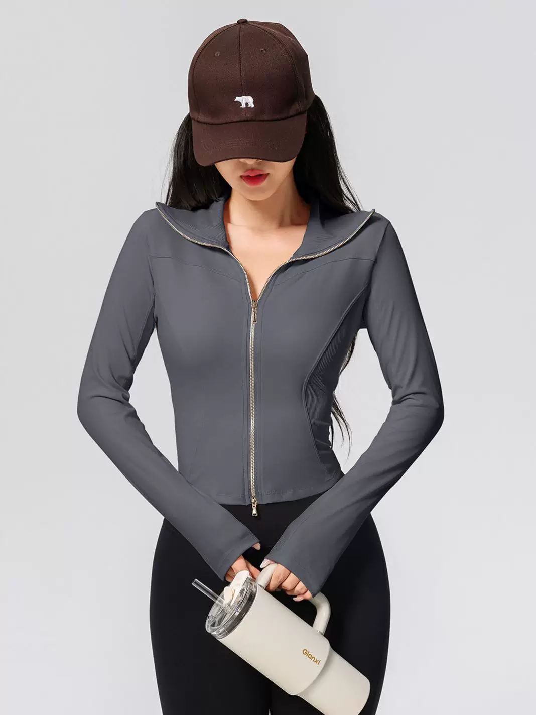 Áo khoác thể thao nữ Jiumai Yipin có khóa kéo đôi, tay dài, cổ cao, ôm vừa vặn, thích hợp cho chạy bộ, tập luyện, thể dục, áo tập yoga mùa thu đông.