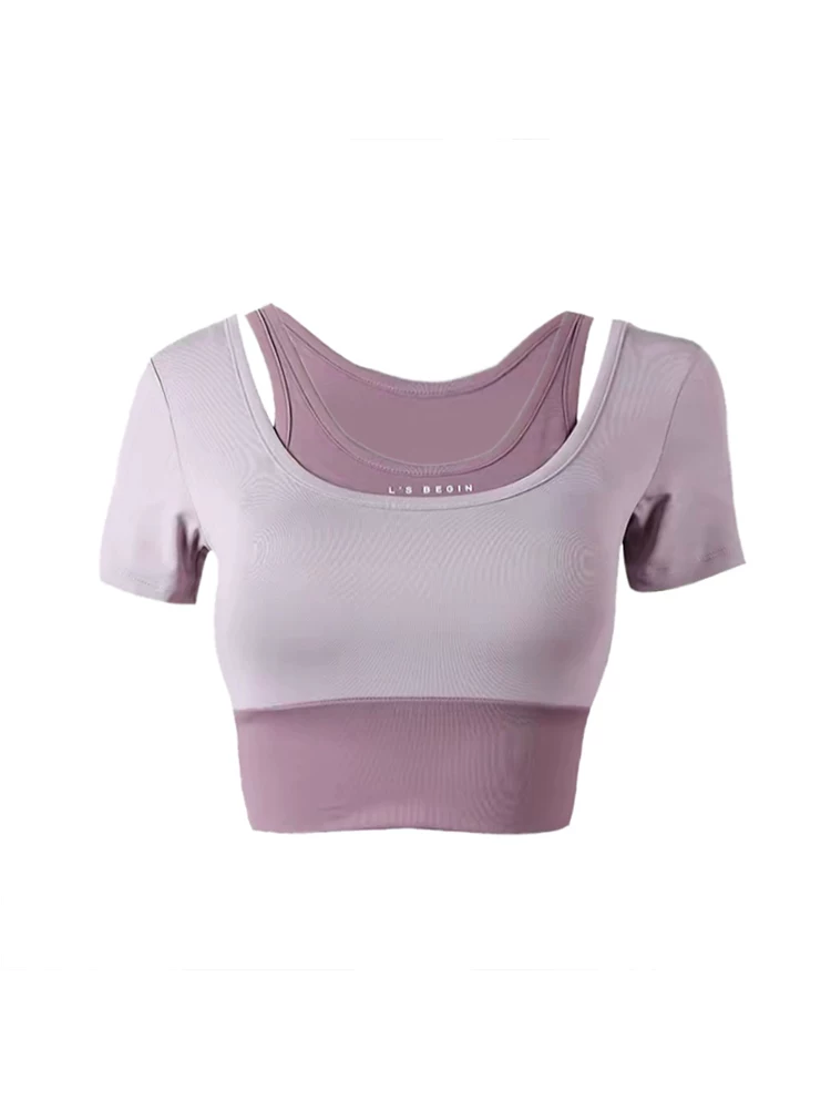 Bộ đồ tập yoga chuyên nghiệp dành cho nữ, bộ hai mảnh mùa hè có đệm ngực, áo thun ngắn tay ôm sát, áo thể thao tập gym nhanh khô.
