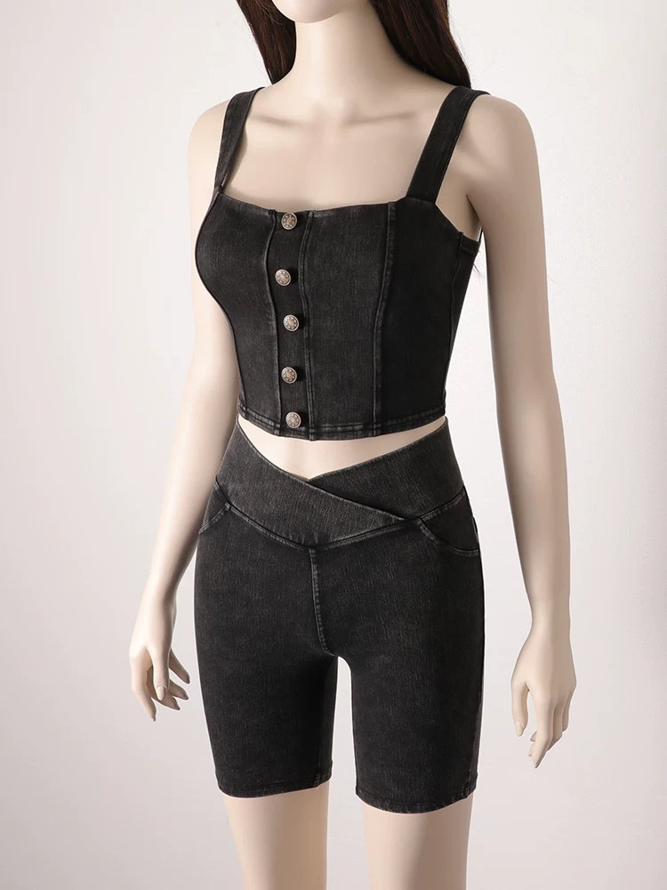 Quần short denim cạp cao cho nữ, kiểu dáng mỏng mùa hè, mẫu mới 2026, ôm dáng, co giãn, tôn dáng, có túi, quần short đạp xe năm điểm.