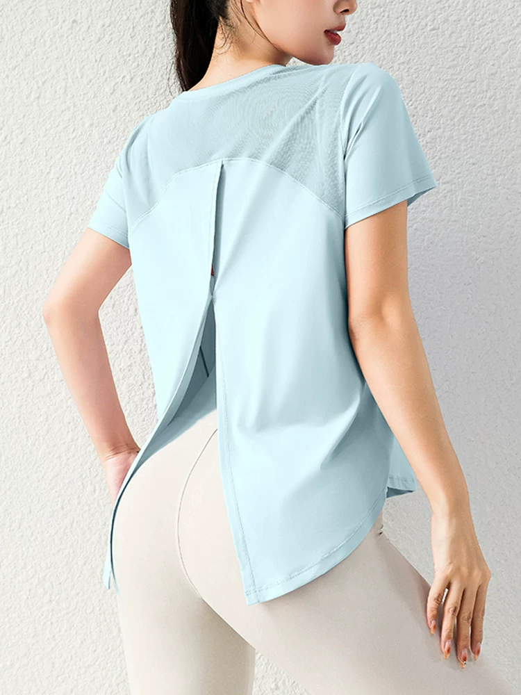 Áo thể thao, áo thun ngắn tay dành cho nữ, nhanh khô, rộng rãi, thoáng khí, chất liệu lụa băng, cảm giác mát lạnh, chống nắng, có khe hở phía sau, áo thun tập thể dục, chạy bộ, yoga