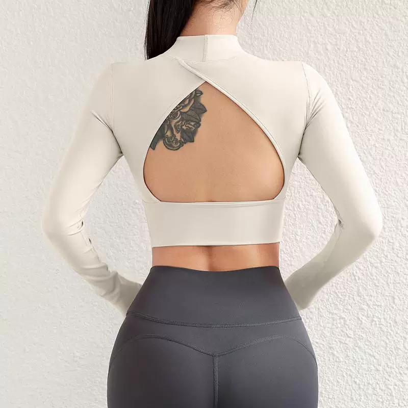 Áo tập yoga xẻ lưng đẹp dành cho nữ, kiểu dáng ngắn có đệm ngực, áo tập thể thao chuyên nghiệp dài tay thoáng khí.