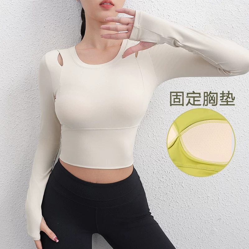Quần áo tập yoga cho nữ mùa thu đông, áo thể thao có đệm ngực, quần áo tập thể dục chạy bộ và tập Pilates dài tay ôm sát giúp thon gọn vóc dáng
