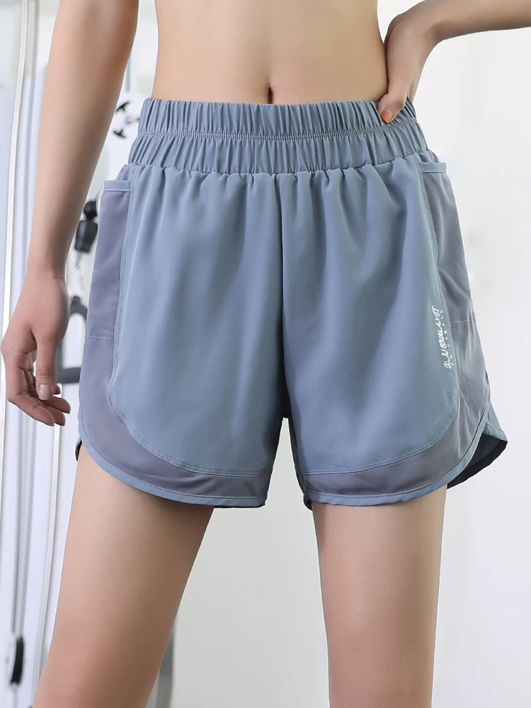 Quần short thể thao cạp cao dành cho nữ, quần chạy bộ và tập thể dục rộng rãi, nhanh khô, chống lộ hàng, quần tập yoga khiêu vũ mùa hè có lớp lót.