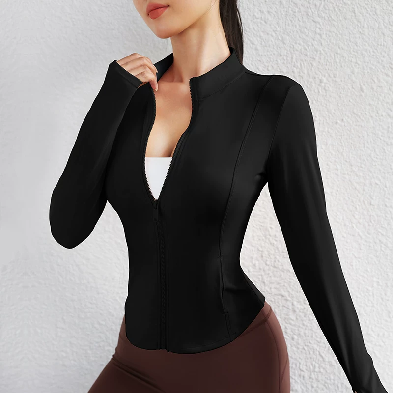 Trang phục tập yoga mùa thu đông dành cho nữ, áo khoác có khóa kéo, áo thể thao, áo khoác ngoài dài tay ôm sát, trang phục tập thể dục chuyên nghiệp chạy bộ