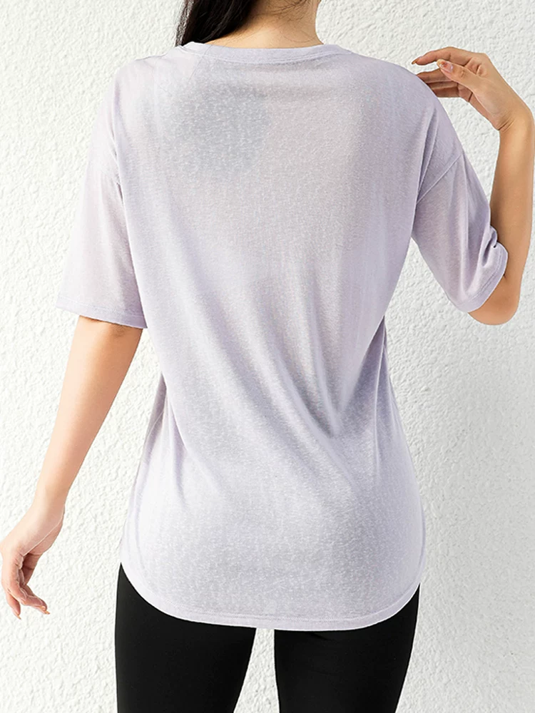 Áo khoác ngoài tập yoga rộng rãi cho nữ, áo thể thao giảm béo, thoáng khí, nhanh khô, áo thun ngắn tay, chạy bộ, tập luyện thể dục, mặc mùa hè