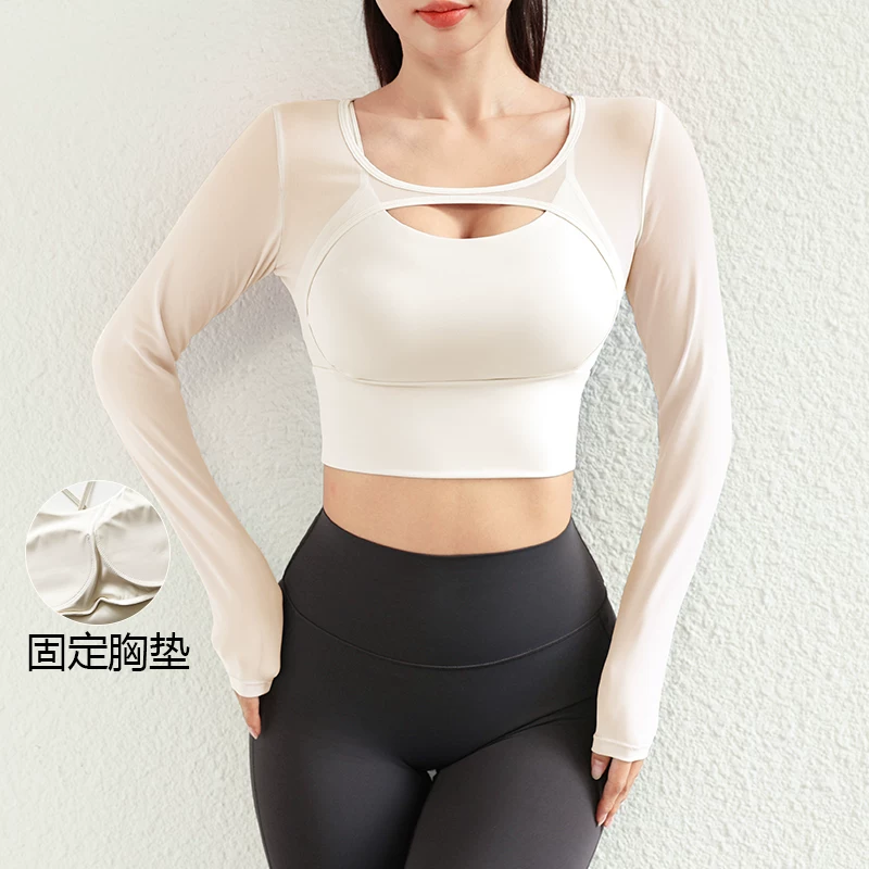 Áo tập yoga chắp vá sành điệu với thiết kế giả hai mảnh, trang phục thể thao dài tay dành cho nữ có đệm ngực, quần áo tập thể dục Pilates chuyên nghiệp cho mùa đông.