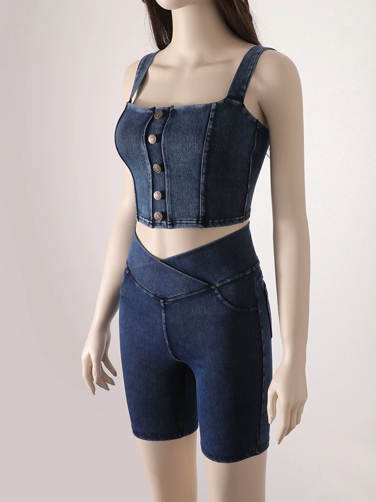 Quần short denim cạp cao cho nữ, kiểu dáng mỏng mùa hè, mẫu mới 2026, ôm dáng, co giãn, tôn dáng, có túi, quần short đạp xe năm điểm.