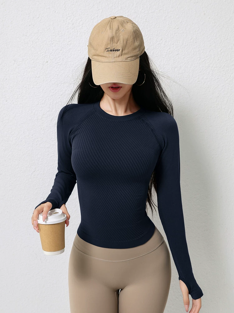 Jiumai Yipin trang phục tập yoga mùa thu đông dài tay nhanh khô bó sát giảm béo tập Pilates cổ tròn chạy bộ thể thao