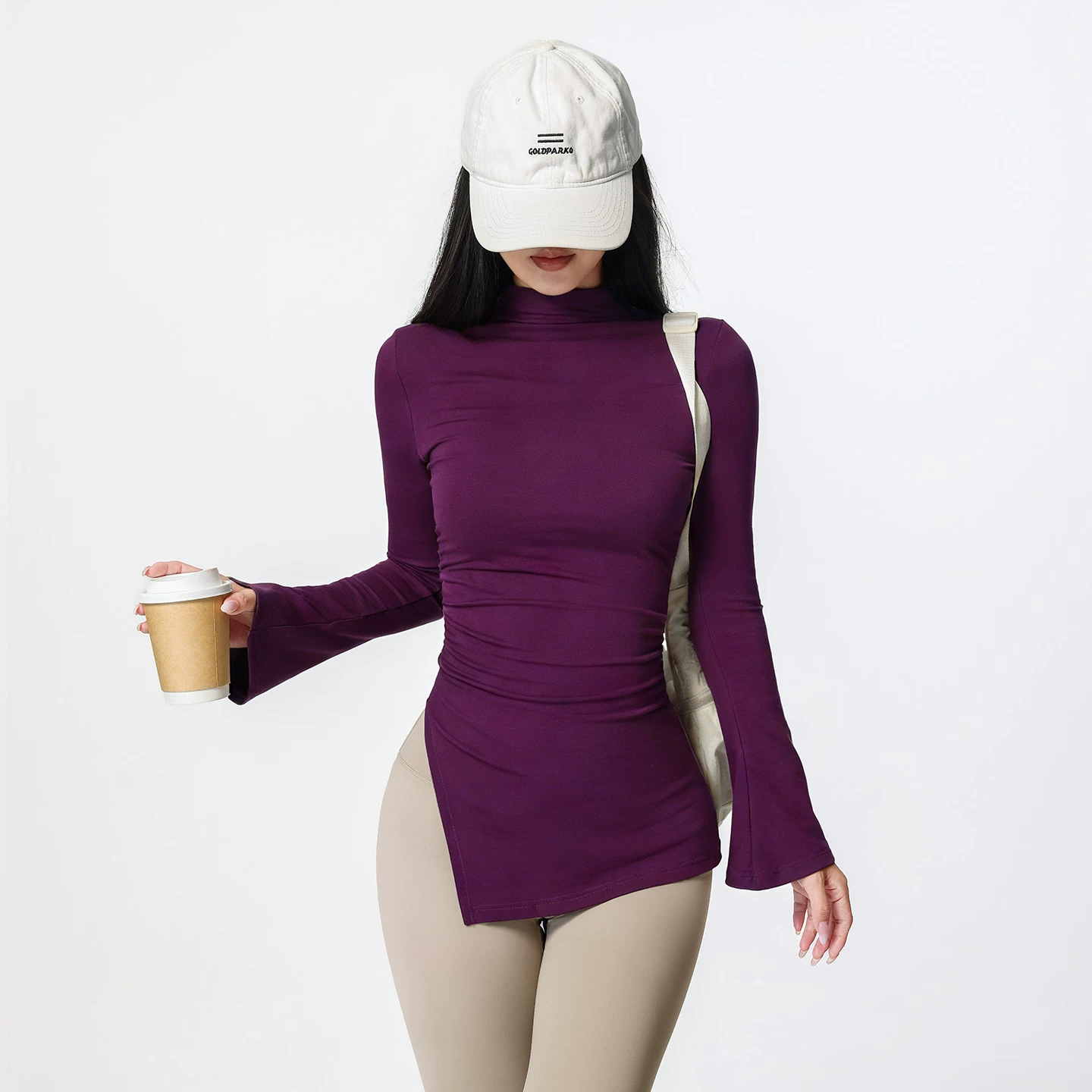 Jiumai Cao cấp Cổ cao nửa cổ che hông Quần áo tập yoga bó sát thể thao tay dài loe Áo tập Pilates Mới.