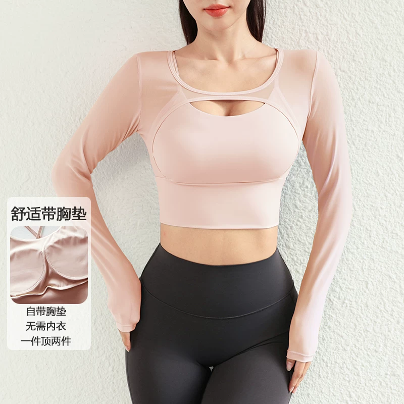 Áo tập yoga chắp vá sành điệu với thiết kế giả hai mảnh, trang phục thể thao dài tay dành cho nữ có đệm ngực, quần áo tập thể dục Pilates chuyên nghiệp cho mùa đông.