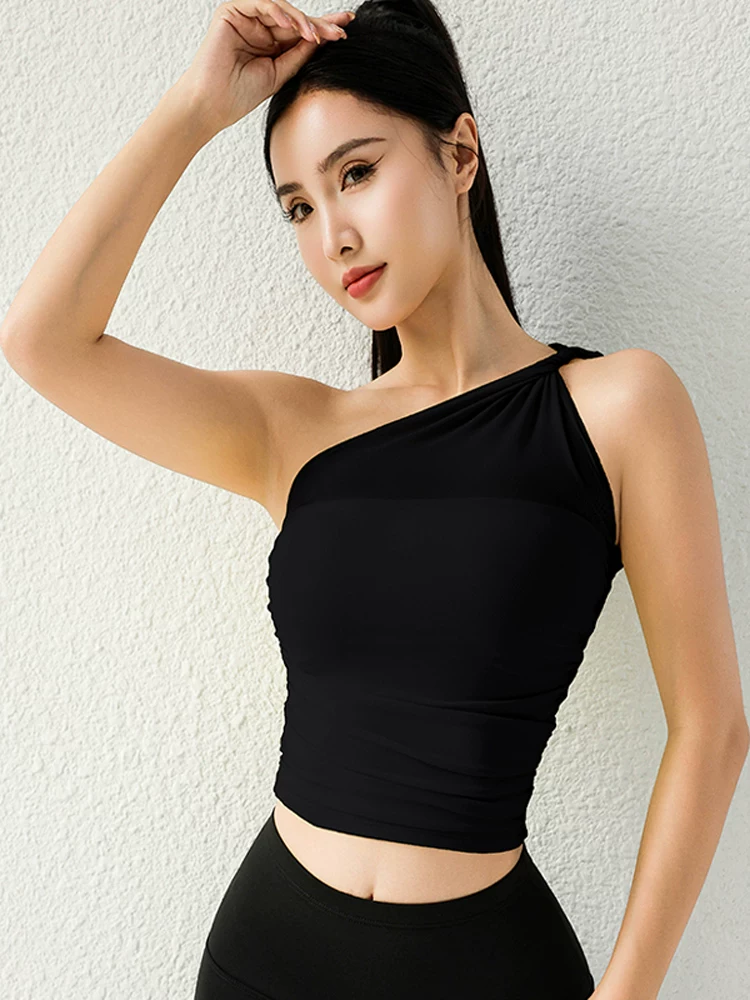 Áo vest thể thao yoga Jiumai Yipin dành cho nữ có đệm ngực, thiết kế một vai gợi cảm, lưng đẹp, áo chạy bộ và tập thể dục chống sốc.
