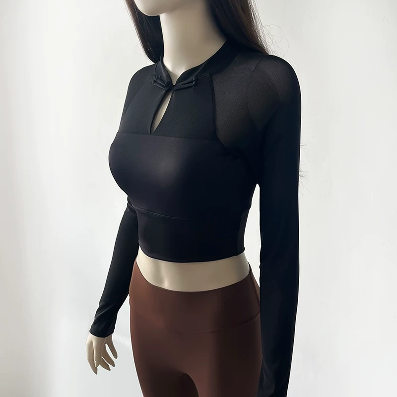 Trang phục tập yoga có cài cúc phong cách quốc gia, áo thể thao dài tay dành cho nữ mùa thu phong cách mới có miếng đệm ngực, quần áo tập thể dục lưới thoáng khí mùa thu