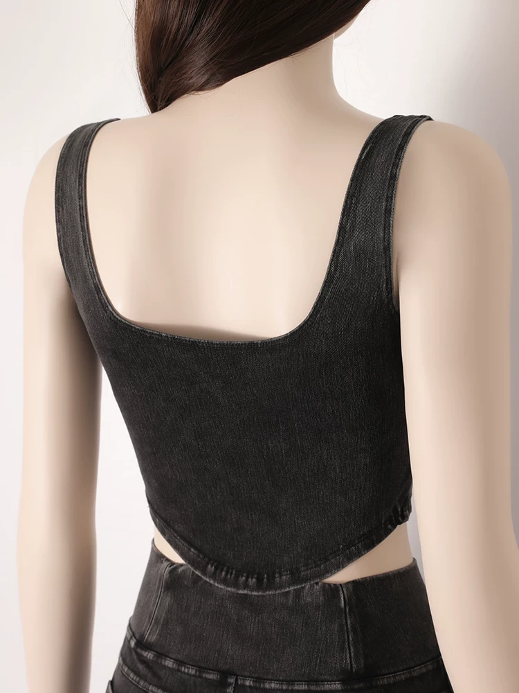 Áo vest thể thao yoga denim kiểu mới dành cho nữ, thiết kế lưng chữ U co giãn, tôn dáng và đẹp mắt, áo tập luyện không tay mặc ngoài.