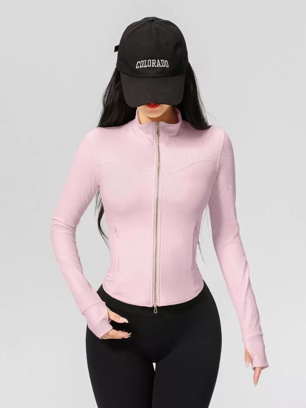 Áo khoác thể thao nữ dáng ôm mùa thu, có đường may gân, áo tập yoga tay dài dành cho chạy bộ và tập luyện thể dục.