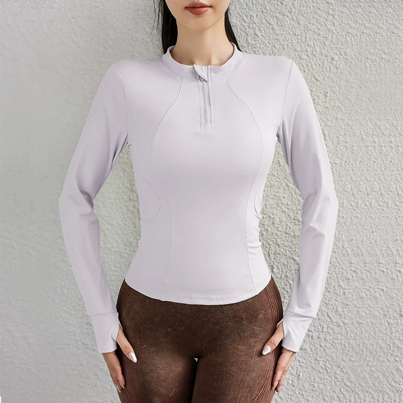 Quần áo tập luyện chạy bộ mùa thu đông, đồ tập yoga, áo khoác ngoài, áo nửa khóa kéo, ôm sát, nhanh khô, co giãn, áo thể thao dài tay.