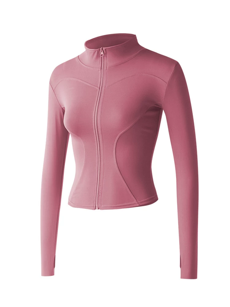 Áo tập thể dục cho nữ, quần áo tập yoga dài tay có khóa kéo co giãn, ôm sát cơ thể, áo khoác thể thao cổ đứng giúp thon gọn vòng eo, nhanh khô