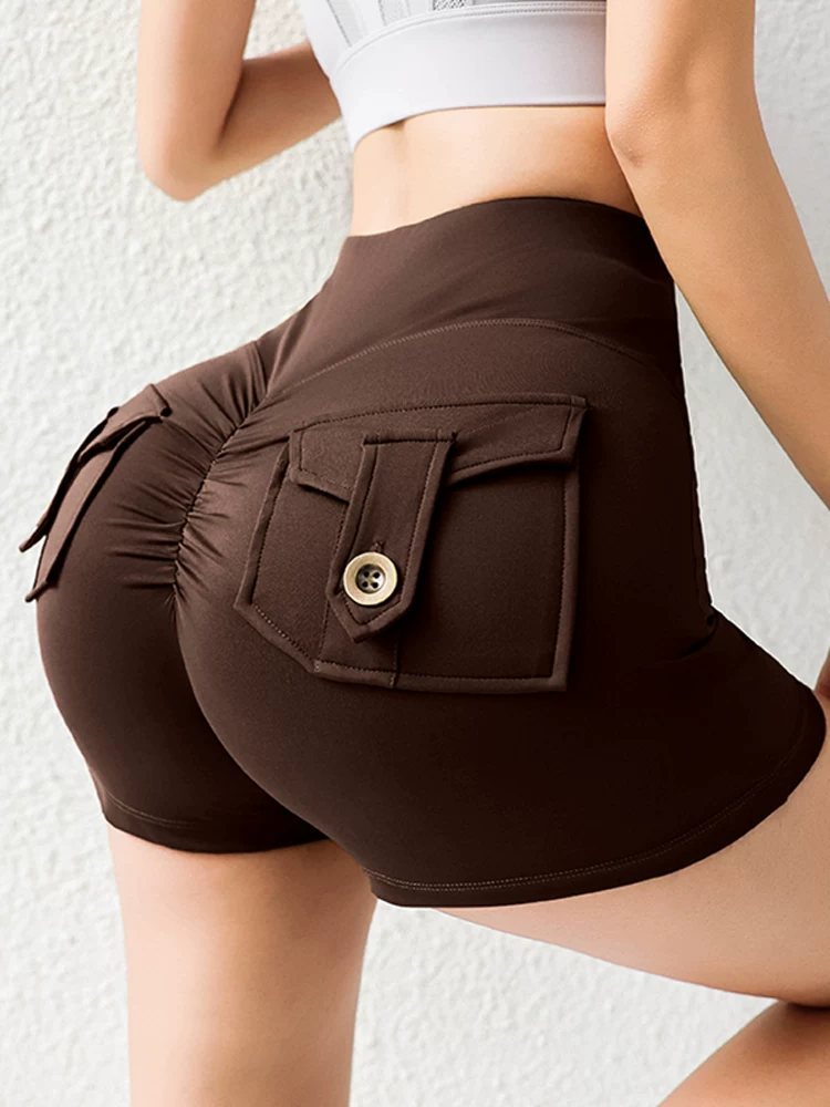 Quần short tập thể dục chống lộ màu đào dành cho nữ, quần short tập thể dục nâng mông, quần short tập yoga, quần short mùa hè tập Pilates gợi cảm.