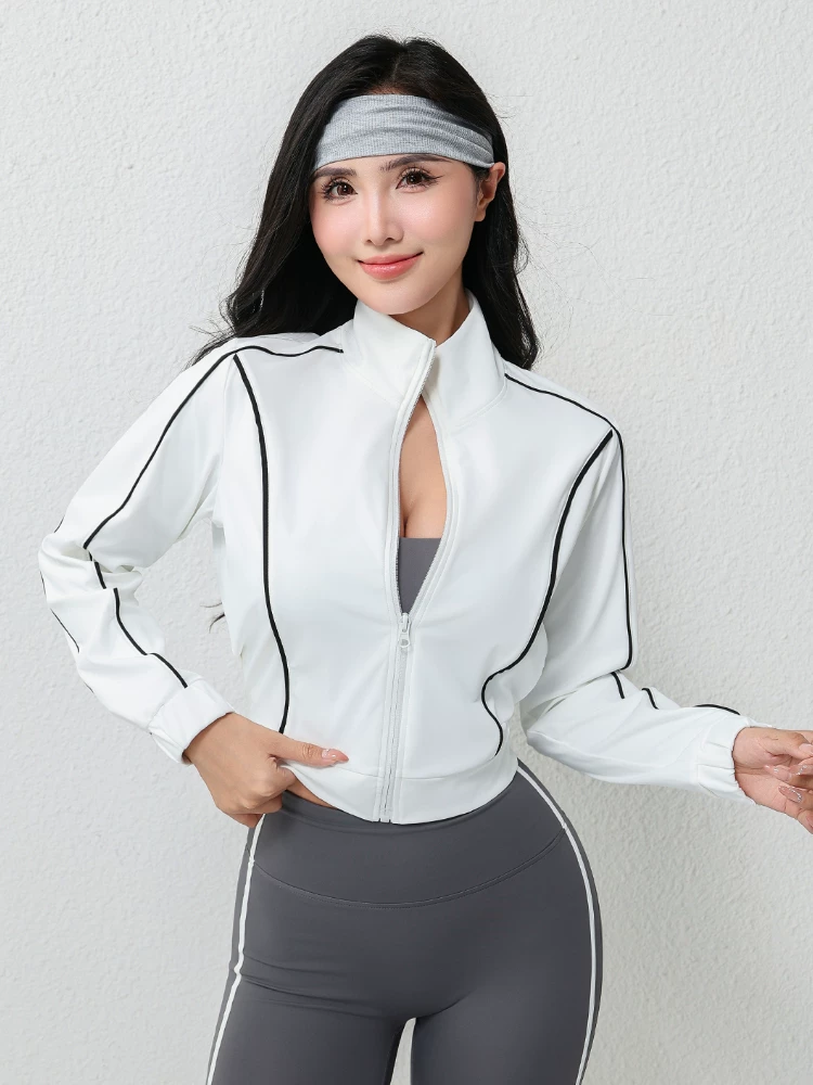 Áo khoác cardigan yoga dáng rộng phong cách mới, phối màu, thoáng khí, thể thao, mùa thu đông dành cho nữ.