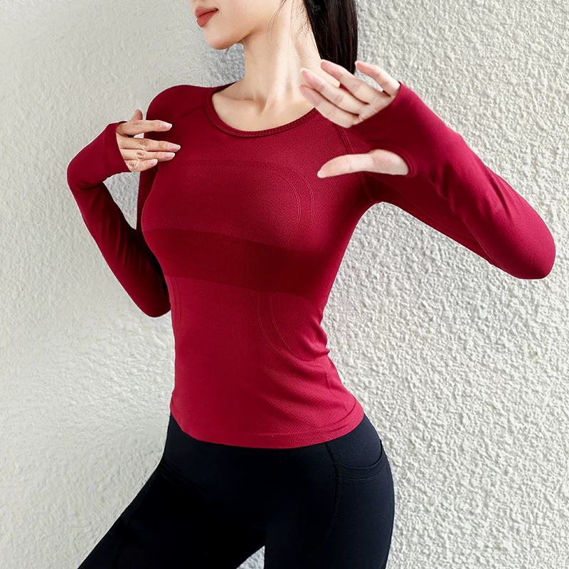 Áo thể thao mới dành cho nữ, kiểu dáng thu đông, cổ tròn ôm sát, quần áo tập yoga nhanh khô, quần áo tập thể dục chạy bộ chuyên nghiệp, tay áo dài