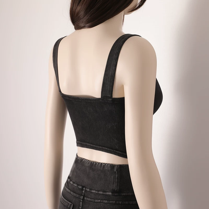 Áo vest thể thao có khóa kim loại đàn hồi cao hình chữ U chống sốc, có miếng đệm ngực, áo vest tập yoga giả denim dành cho nữ.