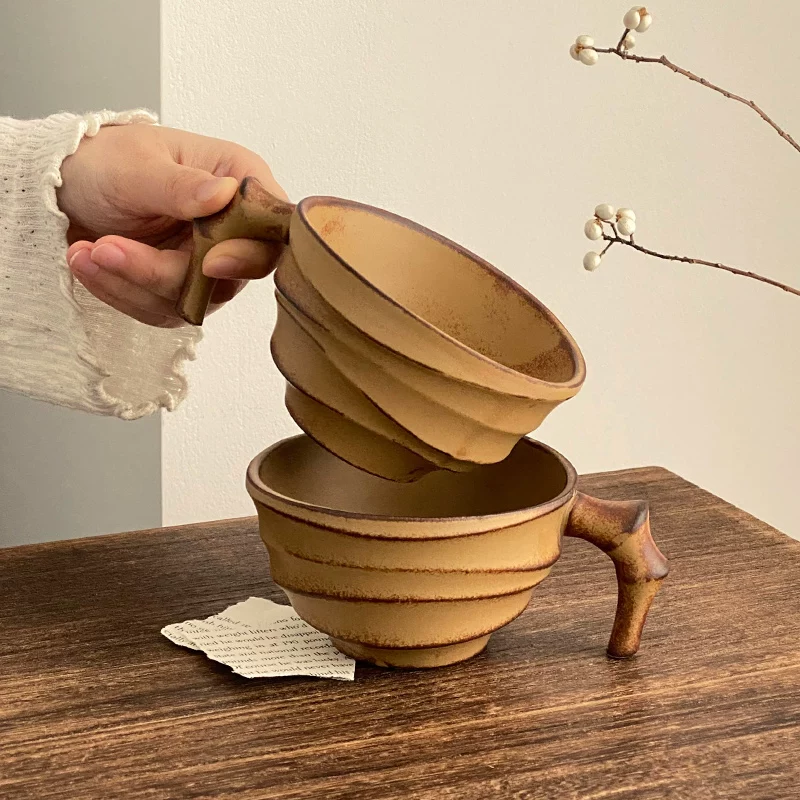 Ly cà phê gốm sứ kiểu vintage, họa tiết tre, làm thủ công, thiết kế độc đáo, dùng để uống cà phê, latte art.