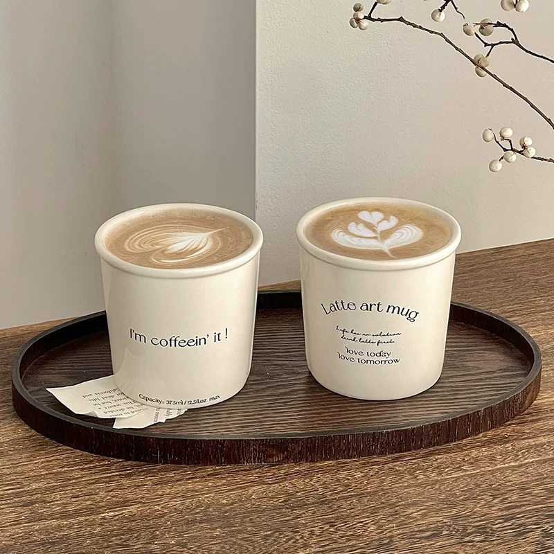 Ly cà phê gốm sứ cao cấp, ly latte, cốc cầm tay màu trắng sữa có chữ, cốc sữa gia dụng, cốc uống nước