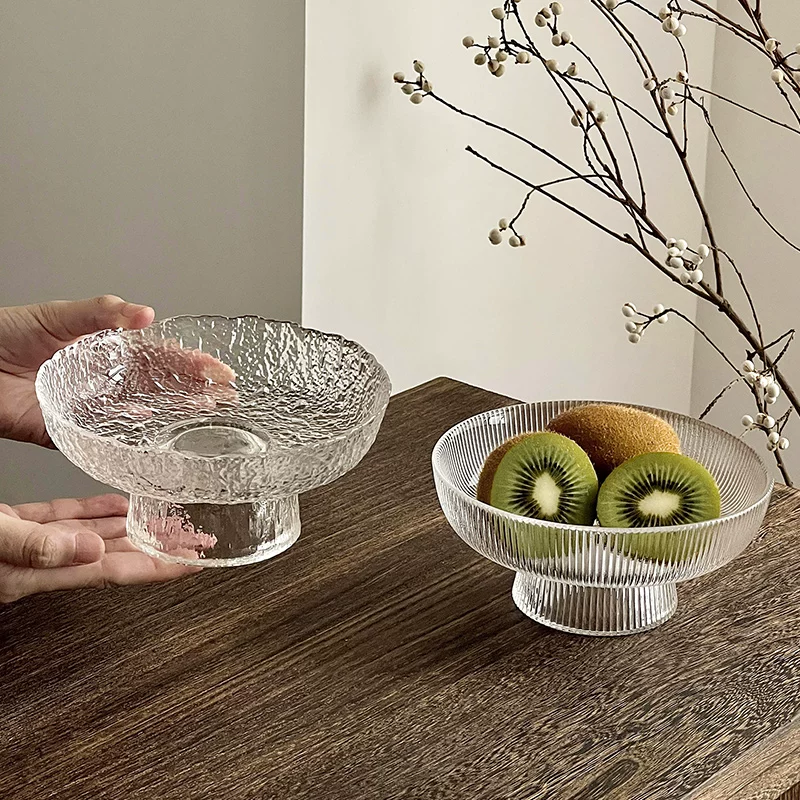 Đĩa trái cây thủy tinh, sang trọng nhẹ nhàng, cao cấp, dùng trong nhà, bàn trà phòng khách, đĩa trưng bày đồ ăn nhẹ, khay chân cao, giỏ đựng hoa quả khô.