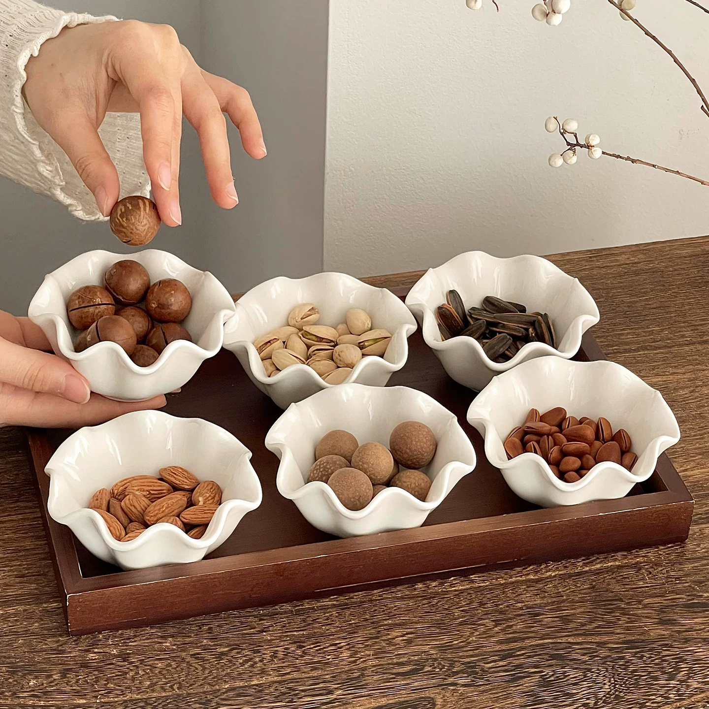 Bộ khay gốm sứ hoa sen cổ điển đựng hoa quả khô, khay đựng đồ ăn nhẹ, khay để bàn cà phê, khay trà chiều, khay gỗ