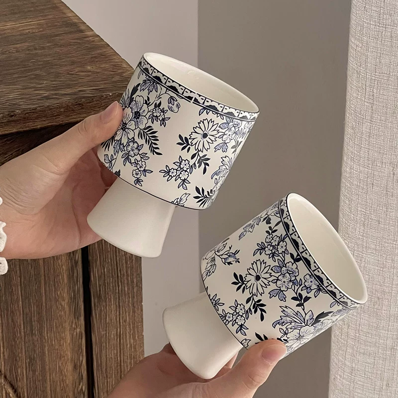 Cốc sứ cổ điển màu xanh trắng kiểu Trung Quốc, tách cà phê latte cao cấp tinh tế, tách trà chiều gia dụng, phong cách cổ điển