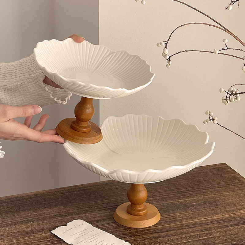 Đĩa trái cây gỗ cổ điển, đĩa bánh ngọt gốm cao cấp, đĩa đựng đồ ăn nhẹ trái cây khô cao cấp, khay trang trí lối vào