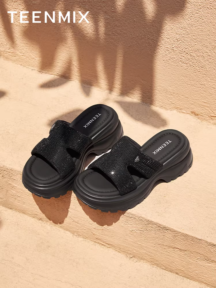 Dép xỏ ngón Tianmeiyi đính kim cương giả, dép đế dày tăng chiều cao cho nữ, dép đi ngoài trời thông thường, mẫu mùa hè mới BI972BT5