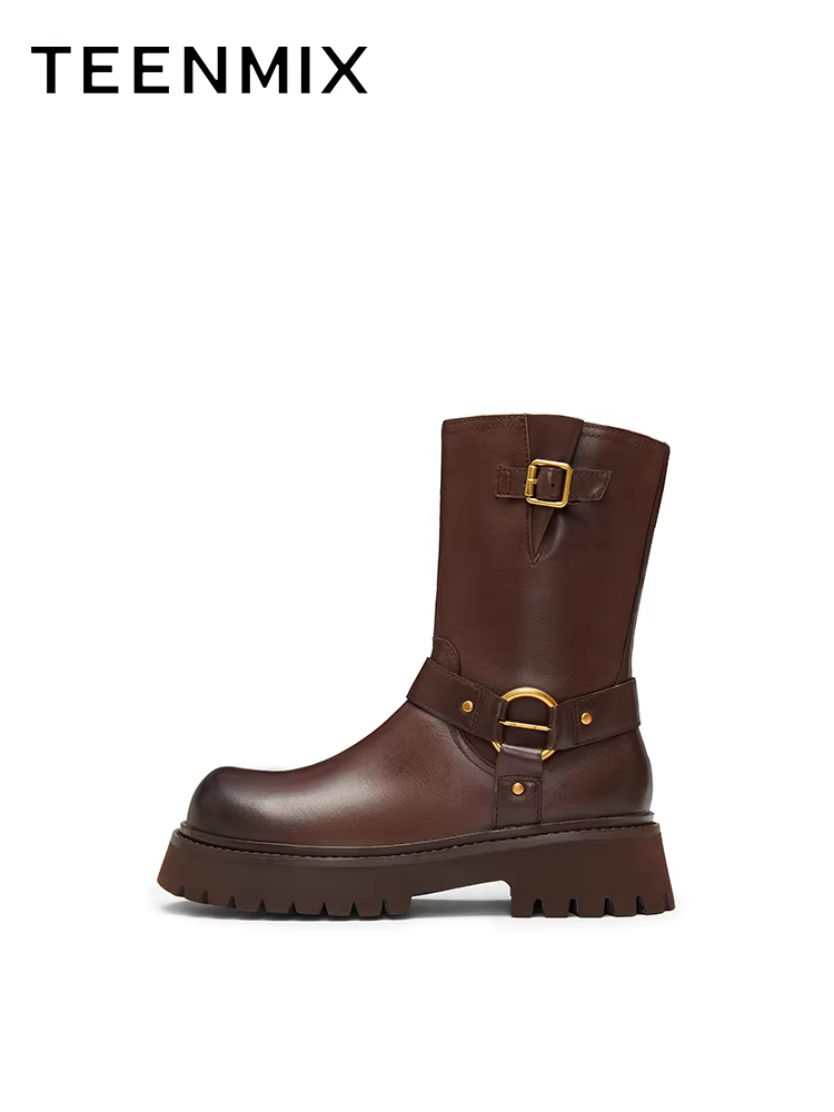 Tianmeiyi retro đế dày lót lông cừu đi giày bốt phương Tây giày nữ giày bốt ngắn thông thường giày da mùa đông phong cách mới