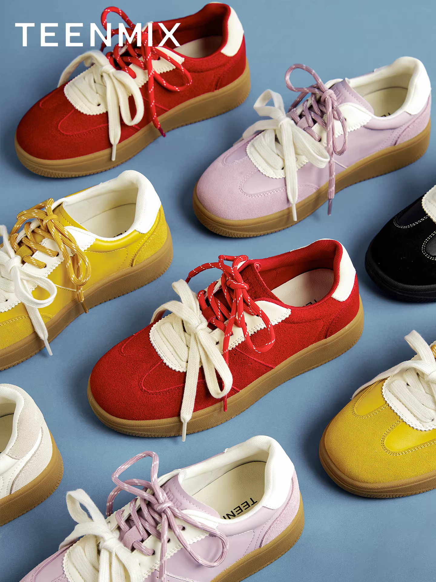 Giày thể thao nữ Tianmeiyi Rainbow Pudding đế dày kiểu retro màu đỏ Agande, giày thể thao thường ngày, mẫu mới thu 2025